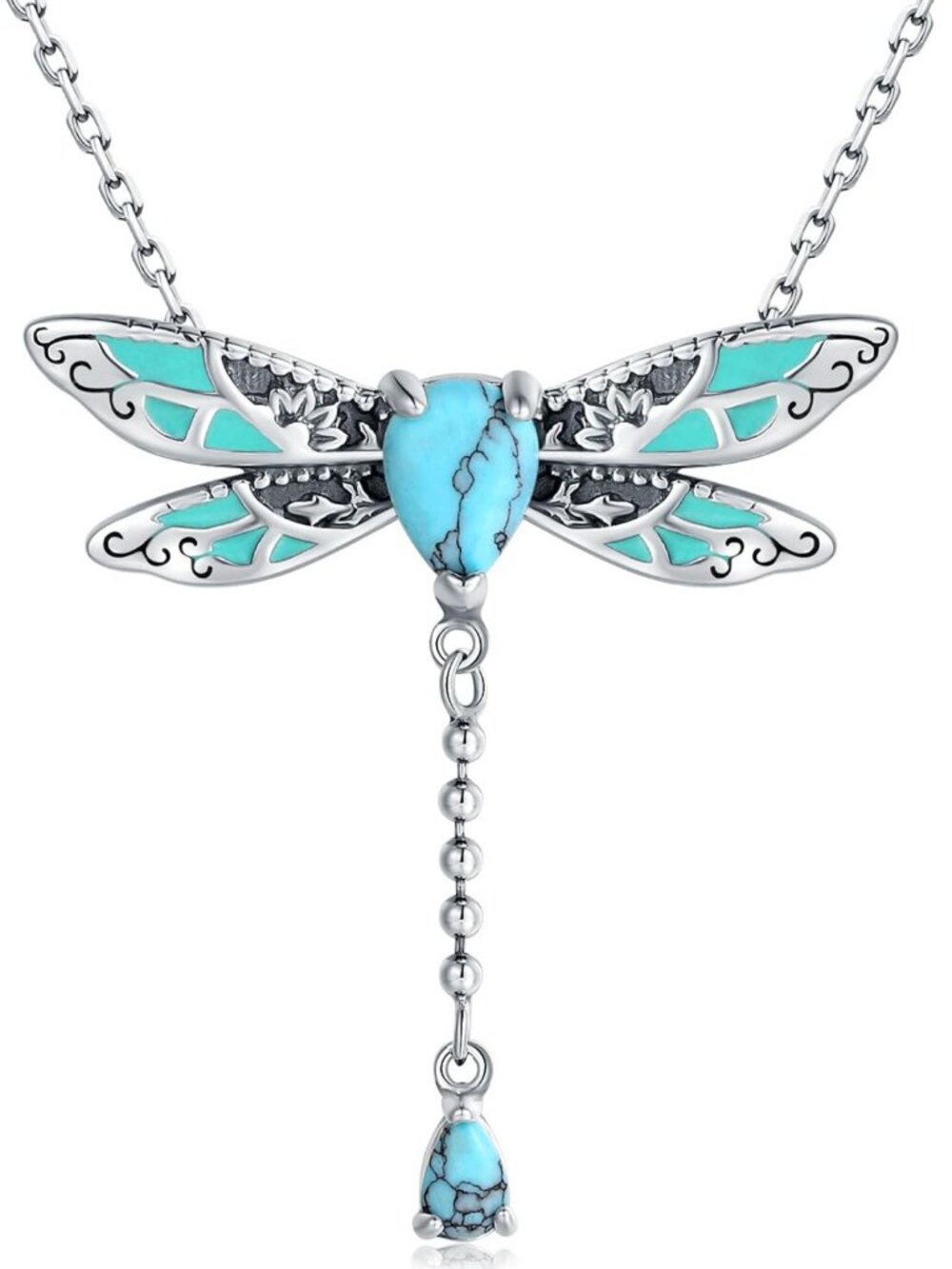 Vintage Boho 925 Sterling Silver Turquoise Pendant Necklaces - Dragonfly